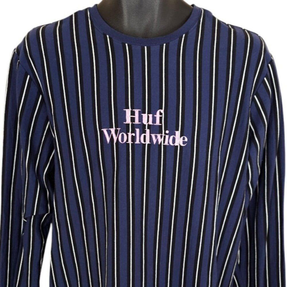 HUF Worldwide T Shirt Mens Size Large Blue Pink Striped Streetwear